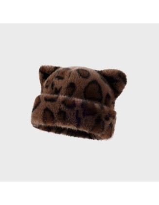 Leopard-pattern plush teddy bear thick winter hat