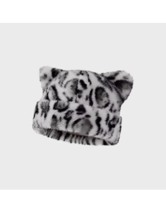 Leopard-pattern plush teddy bear thick winter hat