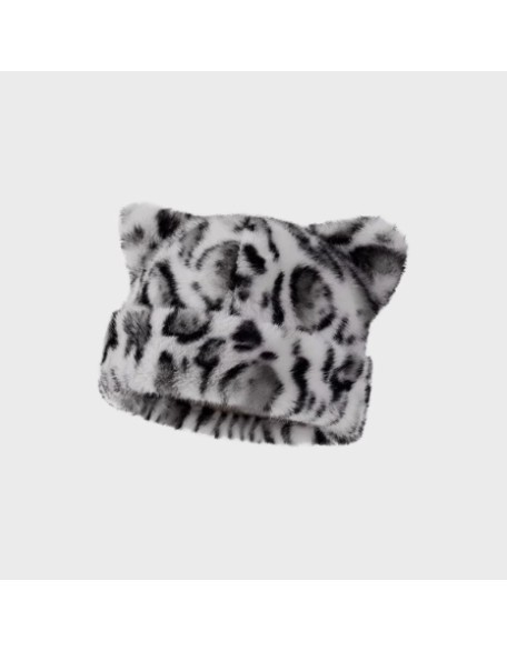 Leopard-pattern plush teddy bear thick winter hat