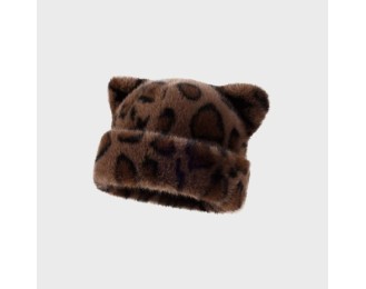 Leopard-pattern plush teddy bear thick winter hat